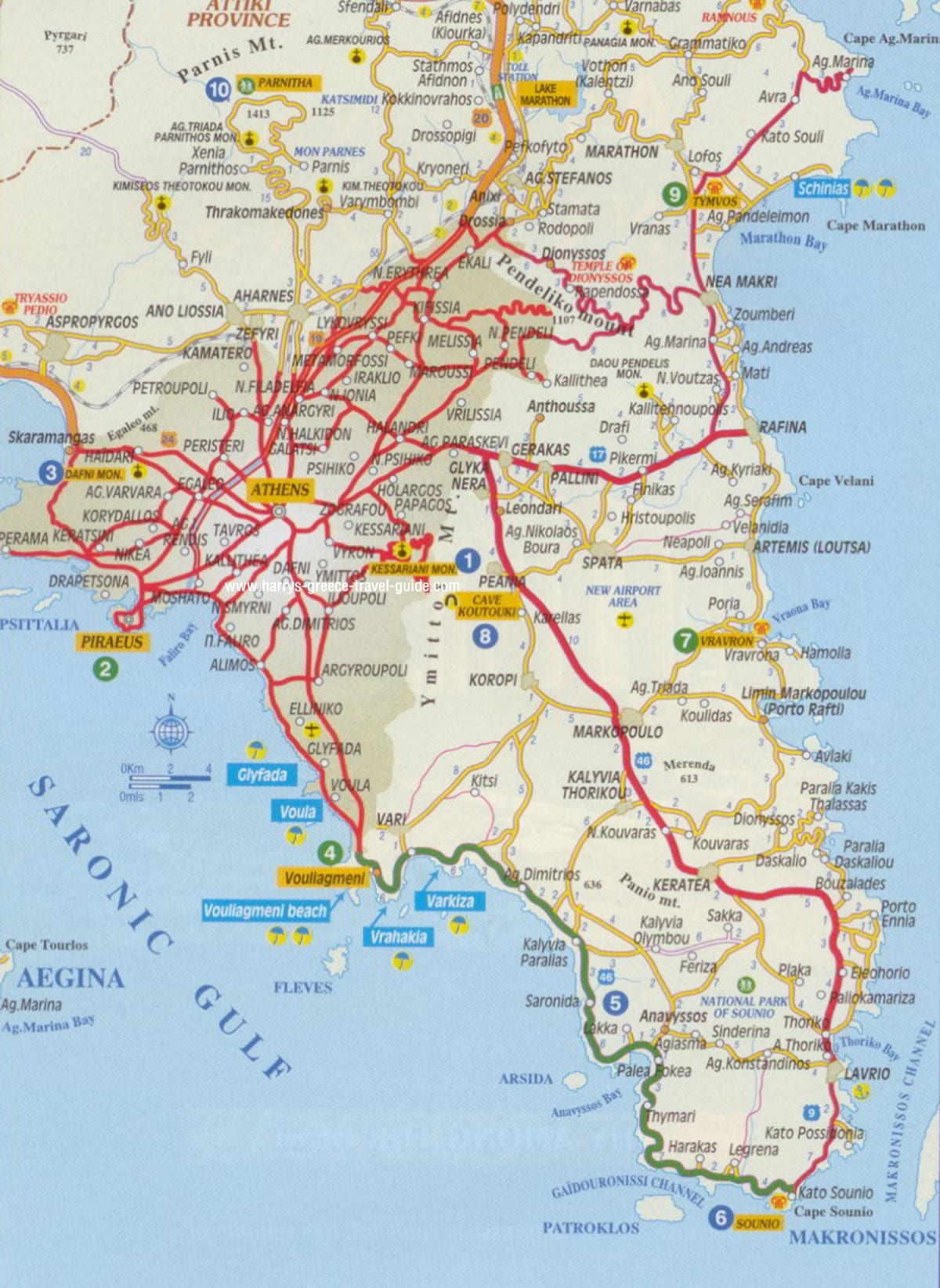 地図のアテネのビーチ