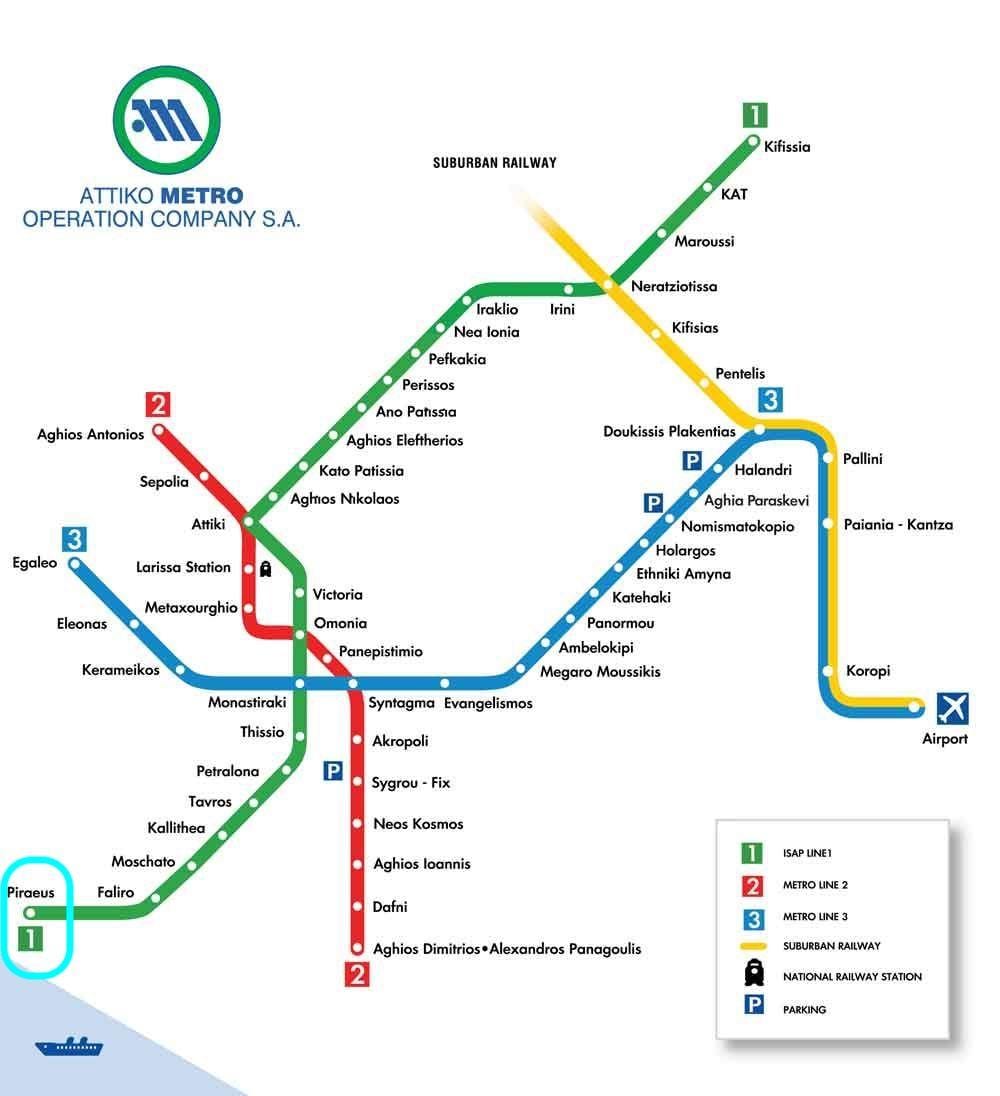 地図のピレウスのメトロ駅